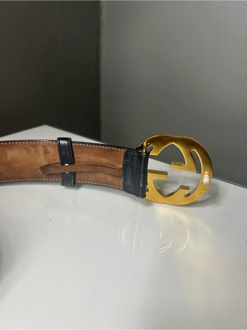 Gucci GG Gold Buckle Dark Navy Blue Guccissima Leather Belt